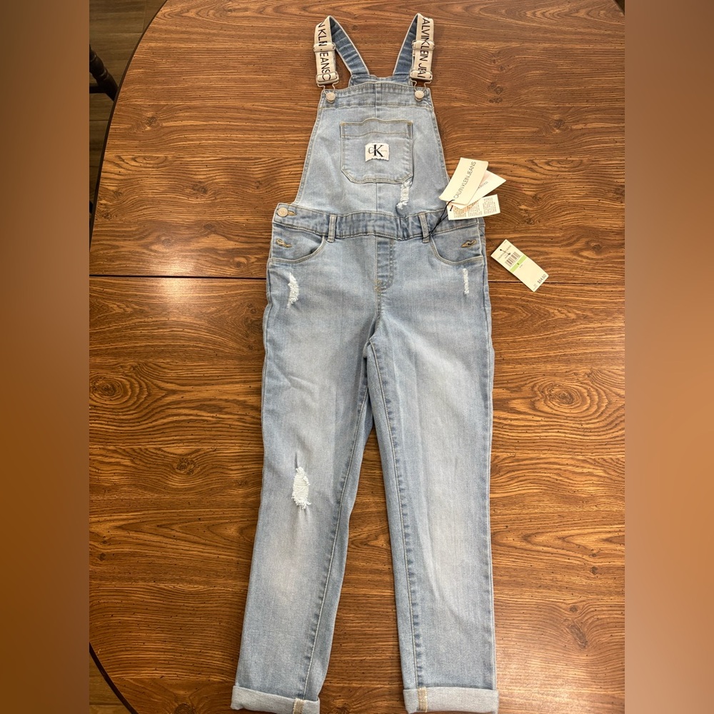 NWT Calvin Klein Big Girls Cotton Logo Denim Overalls Size 8